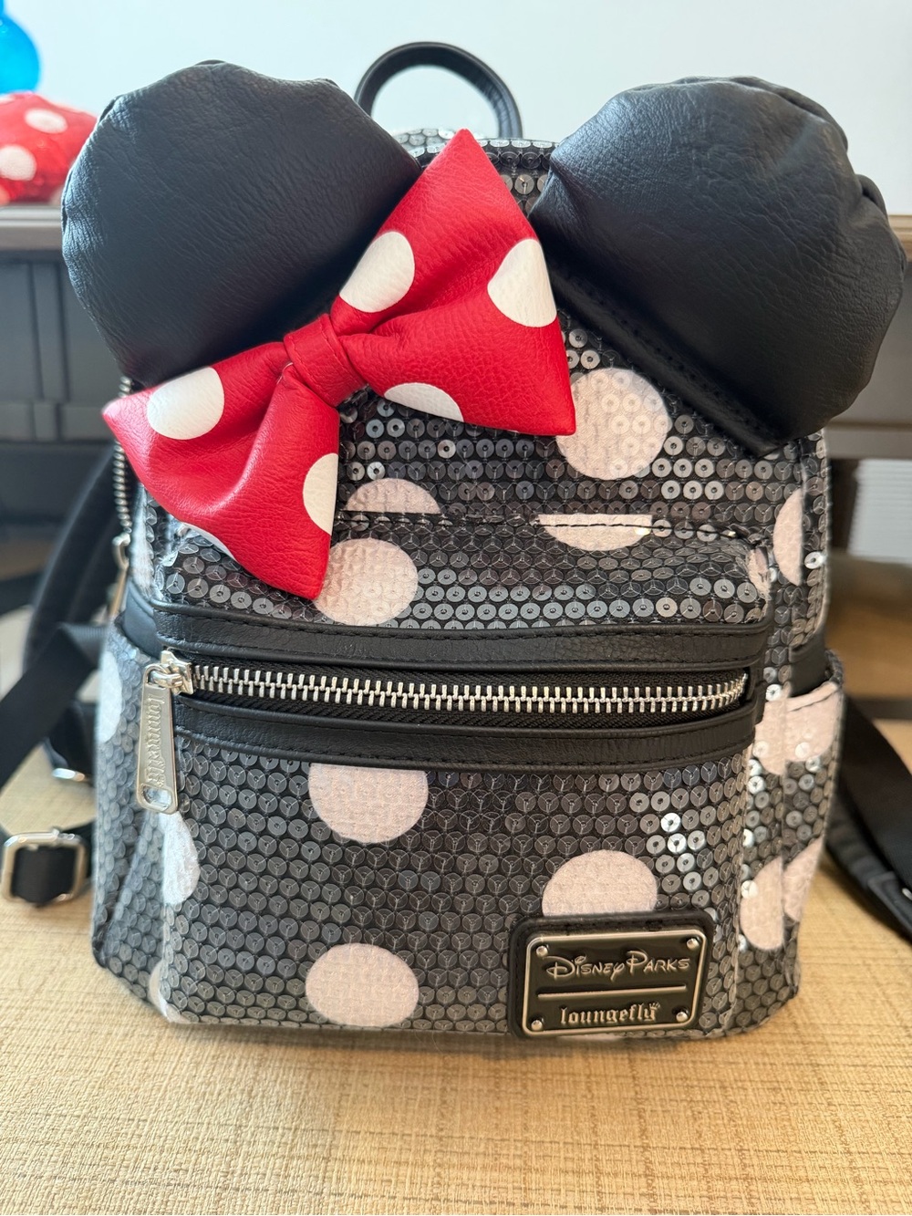 Loungefly Black Sequin Minnie Mini Backpack with Red Polka Dot Bow